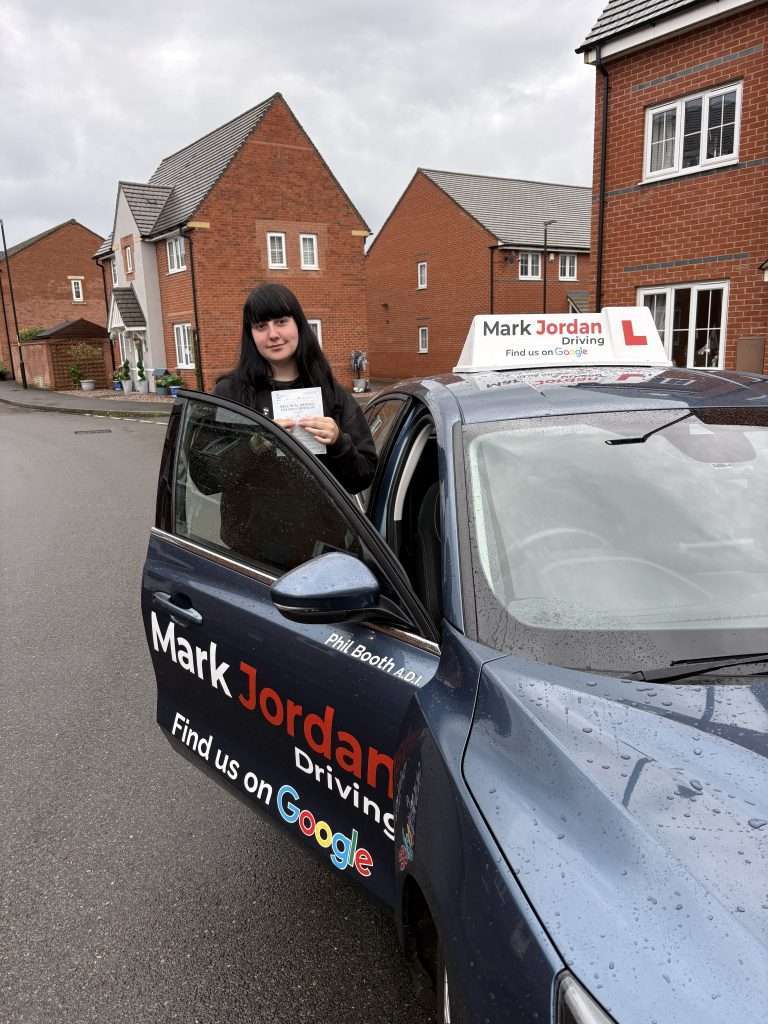 Jorja passing her driving test with Mark Jordan Driving School in Swadlincote
