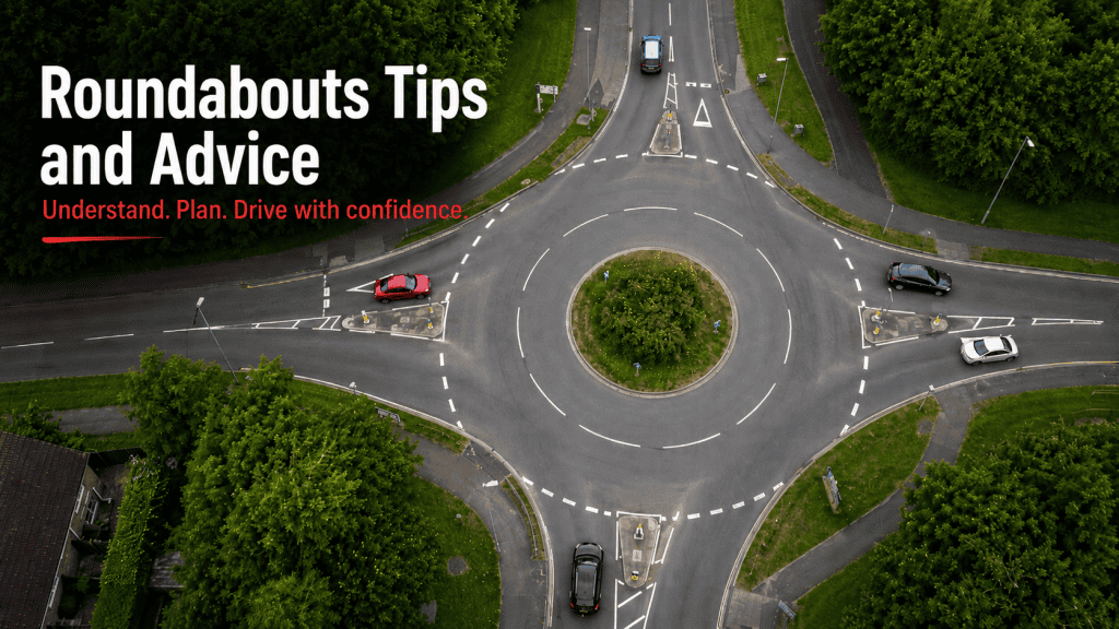 Aerial view of a UK roundabout with road markings and traffic, used as a header image for roundabout tips and advice for learner drivers