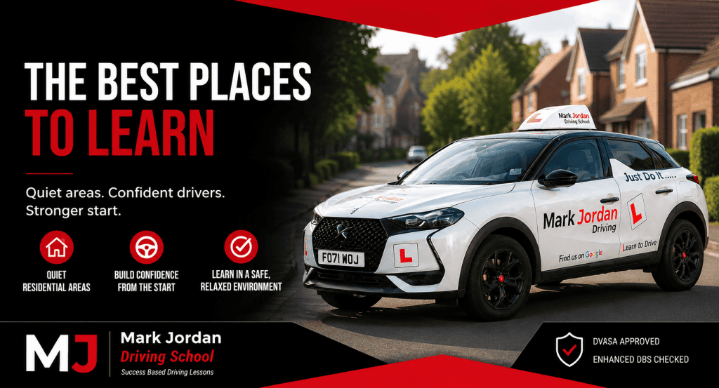 Mark Jordan Driving School car in a quiet residential area showing the best place for a learner driver's first driving lesson in Burton, Swadlincote, Ashby and Coalville.