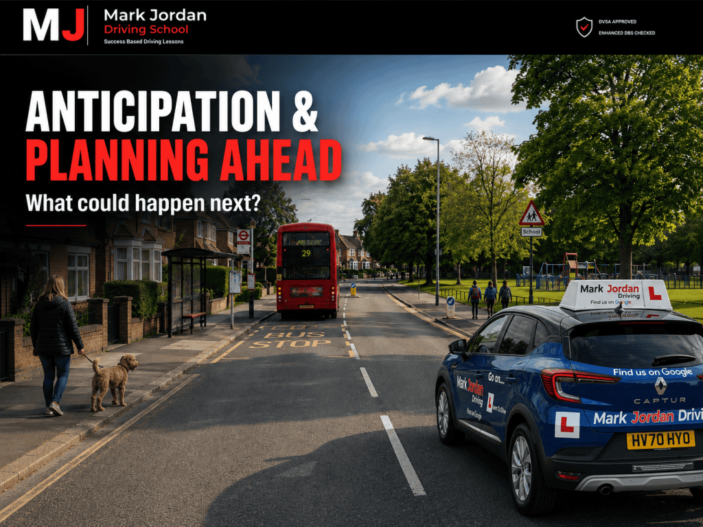 Anticipation and Planning Ahead When Learning to Drive Learner driver practising anticipation and planning ahead with potential hazards including a bus, pedestrians and a dog