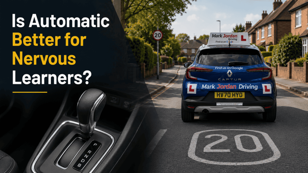 An automatic Mark Jordan Driving School car on a 20mph road