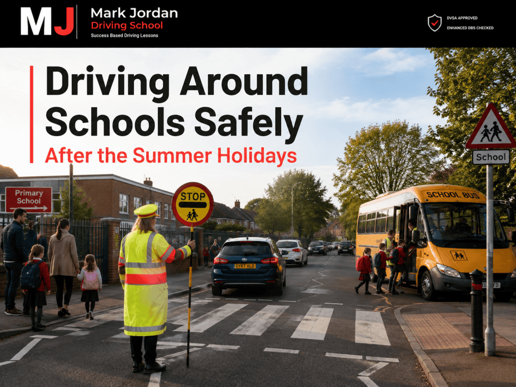 Driving around schools safely with a school crossing patrol, zebra crossing and school bus