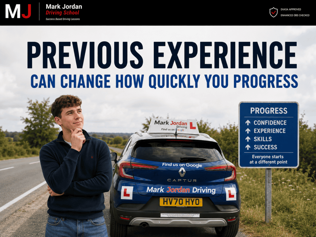 male thinking about how his driving is progressing next to a mark jordan driving school car