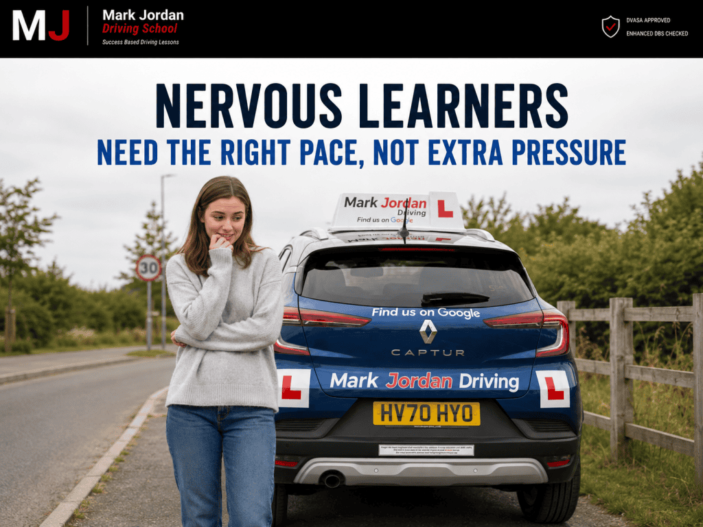 nervous learner waiting near a mark jordan driving school car