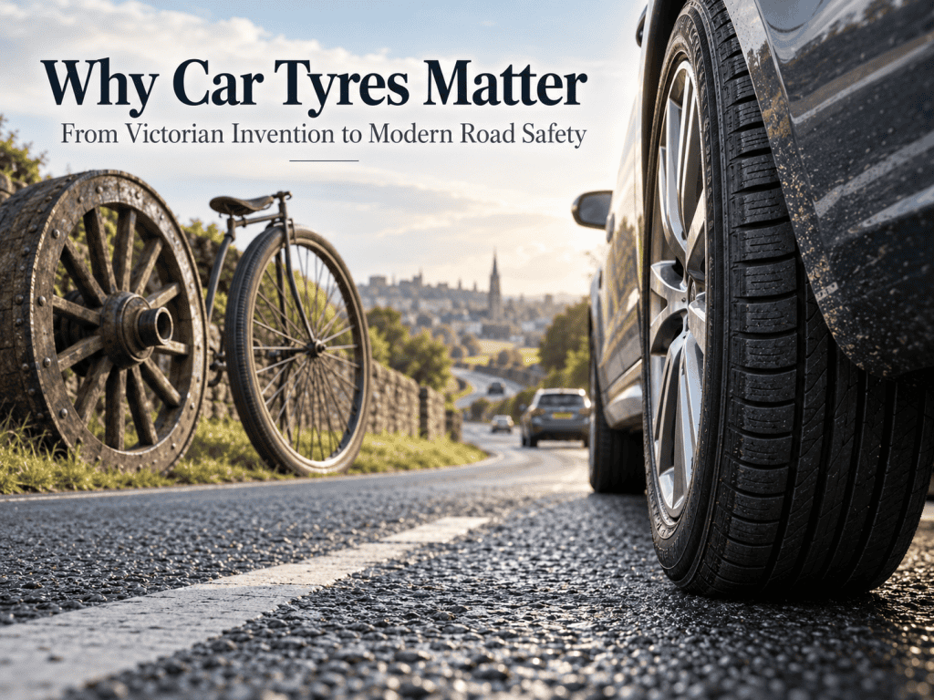 Evolution of car tyres from early wheels to a modern car tyre