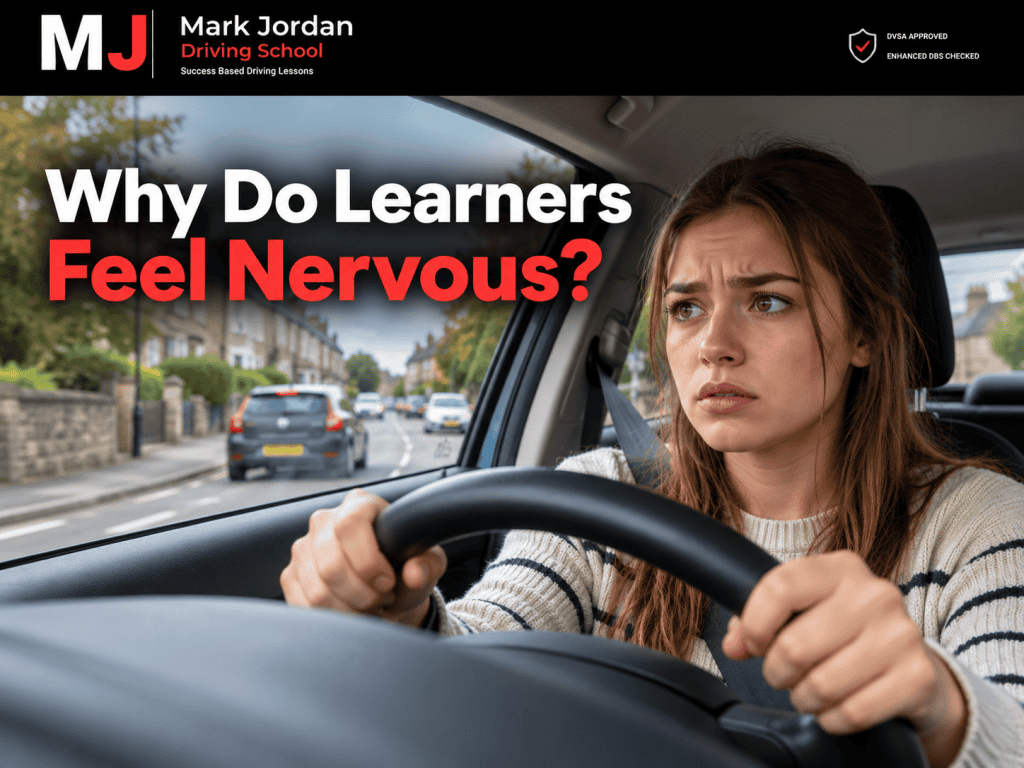 Nervous learner driver during a driving lesson